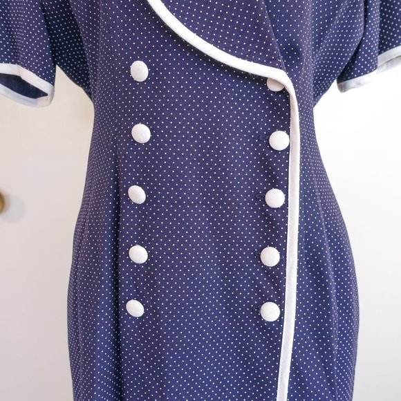 Vintage Studio I 60's Style Short Sleeve Navy White Polka Dot Work Office Dress - Picture 3 of 8